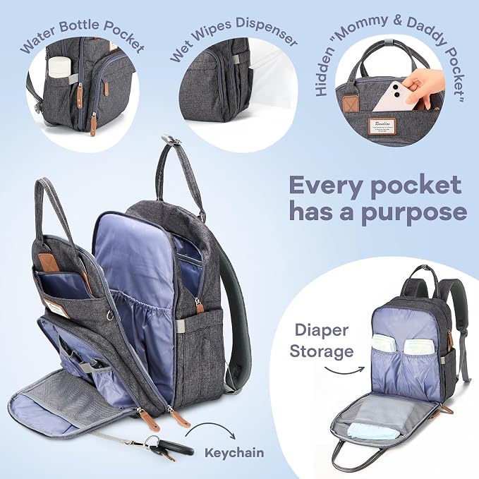 RUVALINO Diaper Bag Backpack, Large Capacity, Waterproof, Dark Gray - Image 3
