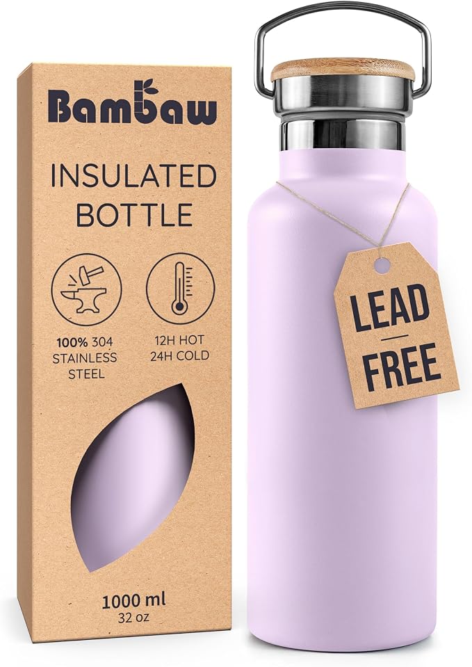 Bambaw Insulated Water Bottle 32 oz, Leak-Proof Water Bottle Stainless Steel by Bambaw