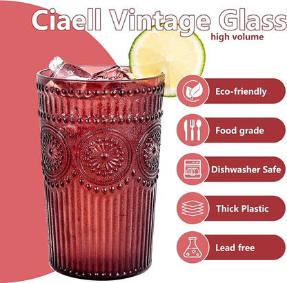 Ciaell 12 Pack Romantic Plastic Water Glasses - 14 Oz Burgundy Vintage Drinking - Image 3