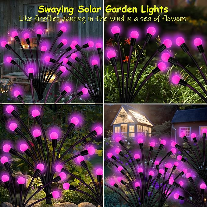 Kohlrabi Solar Garden Lights Outdoor, 6 Pack 48 LED Pink Firefly Lights - Image 4