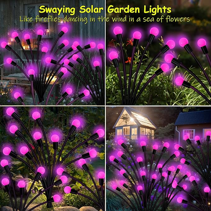 Kohlrabi Solar Garden Lights Outdoor, 4 Pack 32 LED Solar Pink Firefly Lights - Image 5