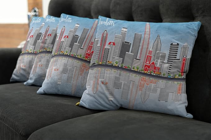 Ambesonne North Carolina Throw Pillow Cushion Case Pack of 4, Charlotte Skyline - Image 7