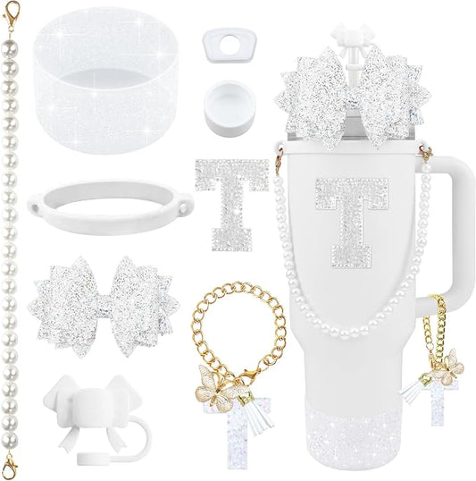 9PCS White for Stanley Cup Accessories Set Bling Initials Bow Charms for by Unknown