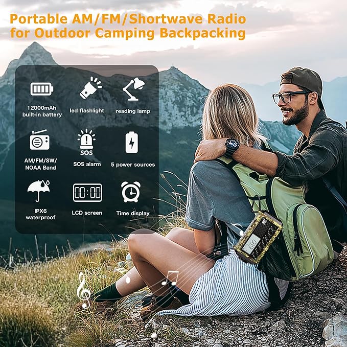 12000mAh/44400mWh Weather Radio, Hand Crank Emergency Radio Portable AM FM - Image 7