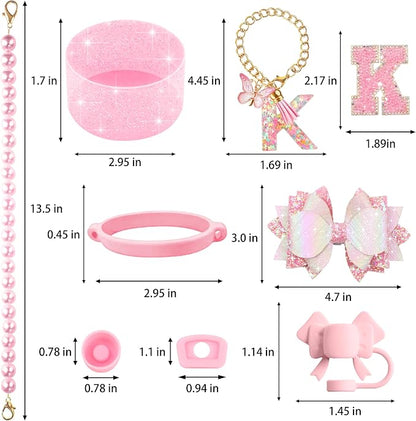 9PCS Pink for Stanley Cup Accessories Set Bling Initials Bow Charms for Stanley - Image 3