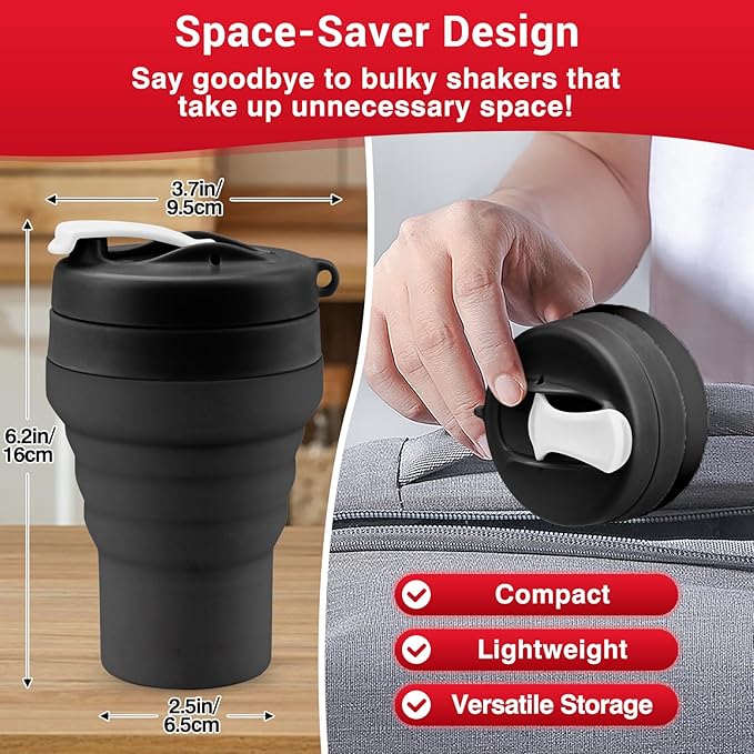 Collapsible Protein Shaker & Water Bottle Food-Grade, Leakproof Lid 600mL/20oz - Image 2