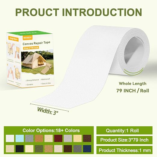 Besezx Canvas Repair Tape, Outdoor Gear Patch, 3x79 Inches, Waterproof - Image 2
