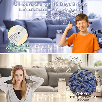 HXWEIYE Rechargeable Fairy Lights Battery Operated, DIY Timer & 8 Modes - Image 3