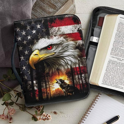 XL Bible Cover Case for Women Men American Flag Wolf Bald Eagle Print PU - Image 5