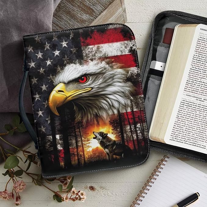 Medium Bible Cover Case for Women Men American Flag Wolf Bald Eagle Print PU - Image 5