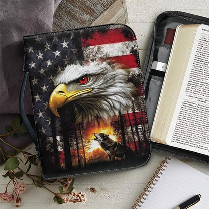Medium Bible Cover Case for Women Men American Flag Wolf Bald Eagle Print PU - Image 5