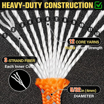 Reflective Paracord Rope 750 lb - 200ft 5/32" Parachute Cord 4MM 12-Strand para - Image 3