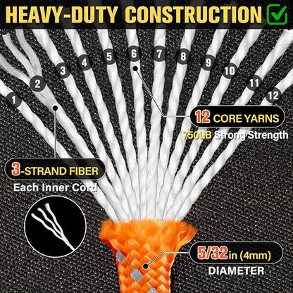 Reflective Paracord Rope 750 lb - 500ft 5/32" Parachute Cord 4MM 12-Strand para - Image 3
