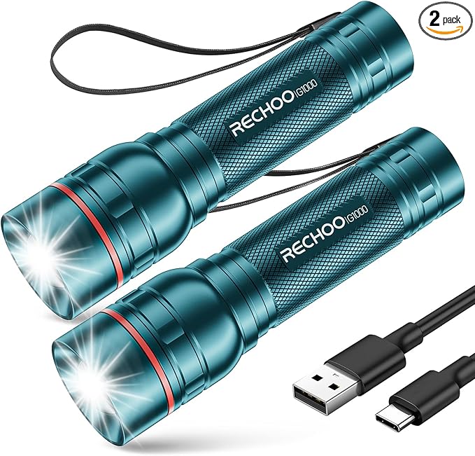 RECHOO Rechargeable Flashlight 2 Pack, Bright Military Grade Torch Light High by RECHOO