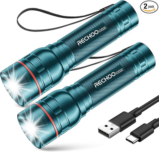 RECHOO Rechargeable Flashlight 2 Pack, Bright Military Grade Torch Light High by RECHOO