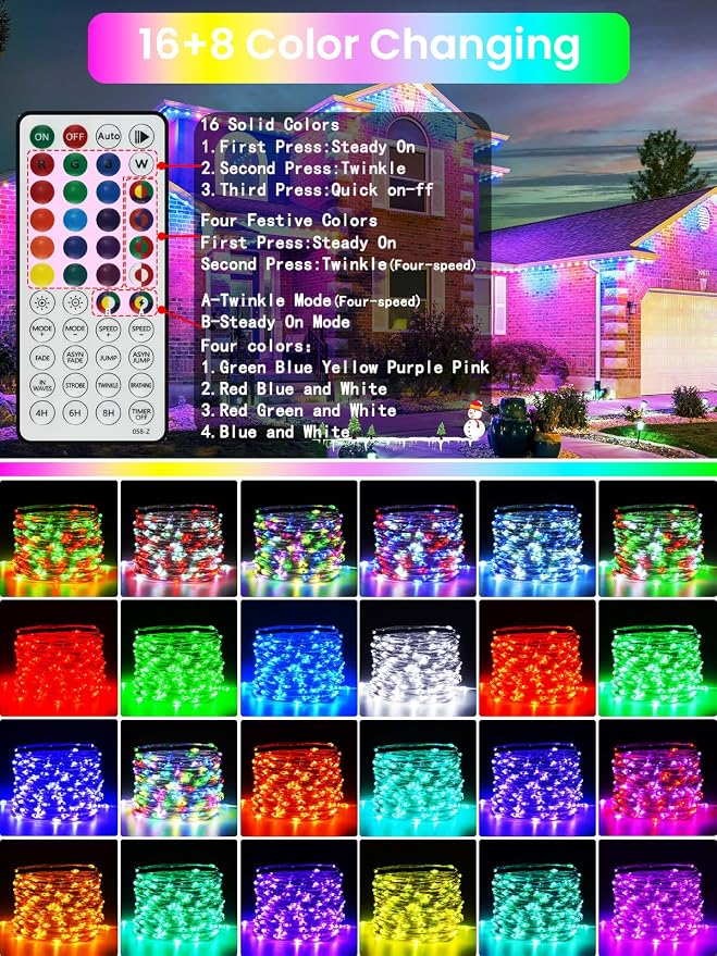 66Ft 200 LED RGB Color Changing 4th of July Fairy Lights Plug in, Waterproof - Image 2