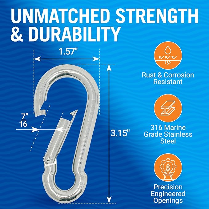 Stainless Steel Carabiner Clip, 4 Pack, 316 Marine Grade, Heavy Duty Spring - Image 3