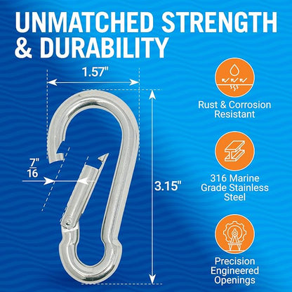 Stainless Steel Carabiner Clip, 4 Pack, 316 Marine Grade, Heavy Duty Spring - Image 3