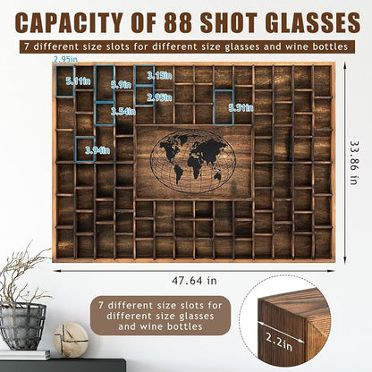 GlikCeil 88 Slots 48 x 34'' Jumbo World Map Shot Glass Display Case Rustic Wood - Image 2
