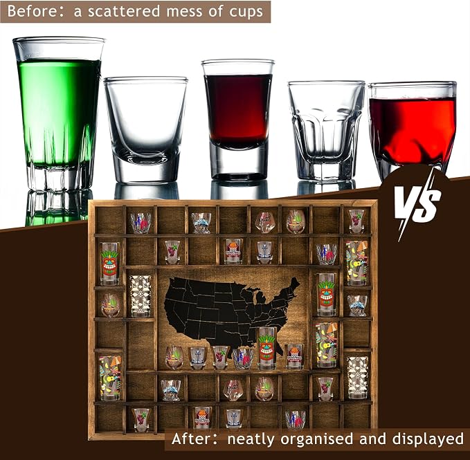 GlikCeil Large Map Slots Shot Glass Display Case Rustic Wood Holder - Image 4