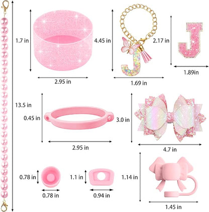9PCS Pink for Stanley Cup Accessories Set Bling Initials Bow Charms for Stanley - Image 3