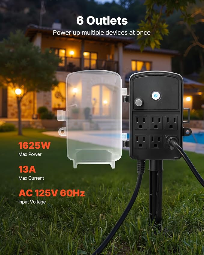 VEVOR Outdoor Power Stake Waterproof, 100 FT Extension Cord, Outdoor Power Strip - Image 2