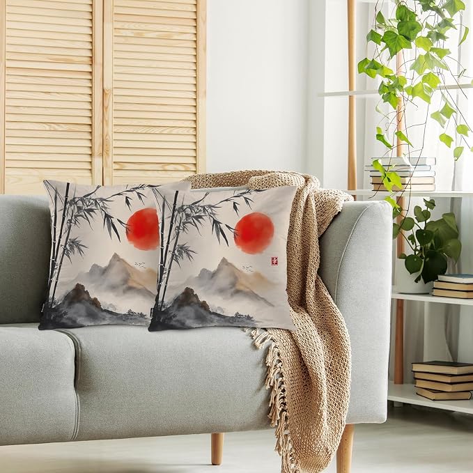 Swono Outdoor Pillow Covers Bamboo, Japanese Bamboo Trees Mountains Red Sun - Image 2