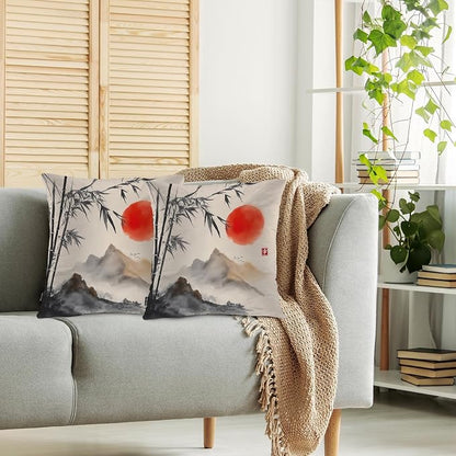 Swono Outdoor Pillow Covers Bamboo, Japanese Bamboo Trees Mountains Red Sun - Image 2