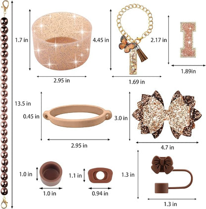 9PCS Brown for Stanley Cup Accessories Set Bling Initials Bow Charms for - Image 3