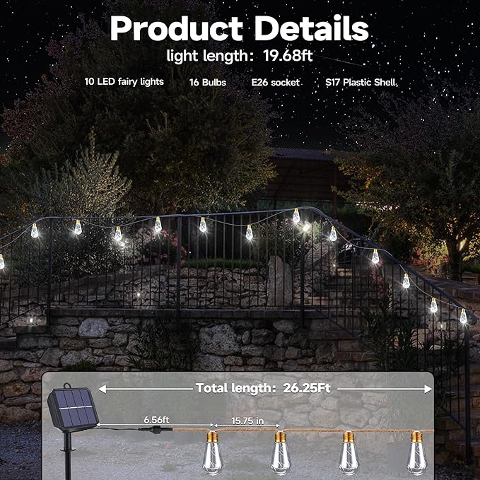 Solar Outdoor String Lights, 20Ft Vintage Rope Hemp Solar Patio Lights - Image 3