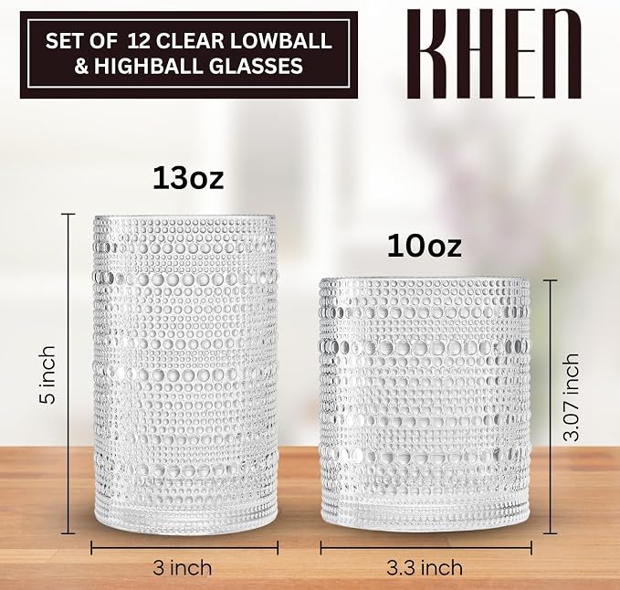 Khen Vintage Hobnail Drinking Glasses Set of 12, 13oz Highball Glasses & 10 oz - Image 2