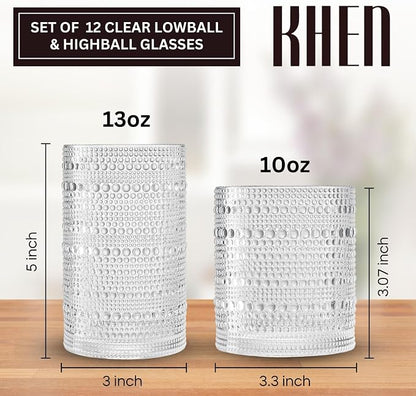 Khen Vintage Hobnail Drinking Glasses Set of 12, 13oz Highball Glasses & 10 oz - Image 2