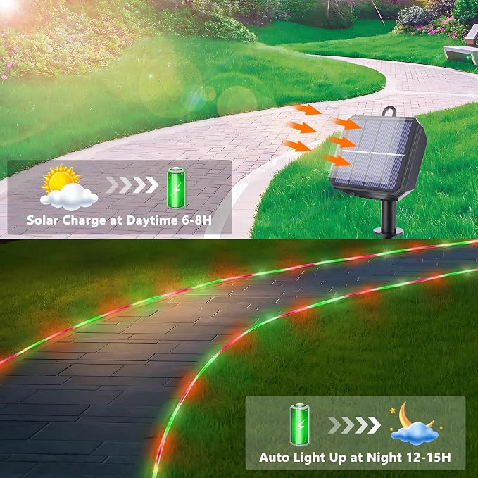 Solar Rope Lights, 66ft 200LED Solar String Lights, 8 Modes Waterproof Solar - Image 4