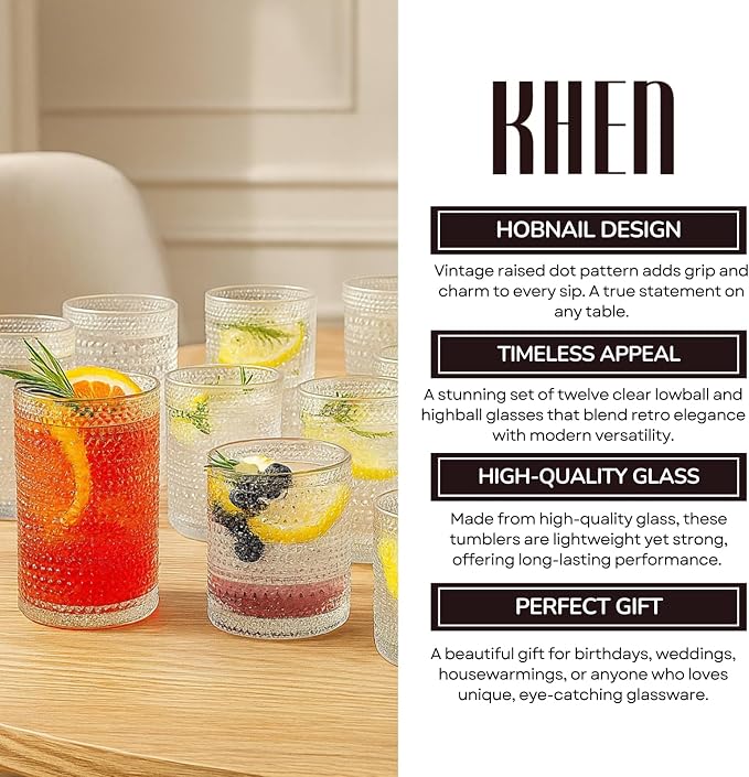Khen Vintage Hobnail Drinking Glasses Set of 12, 13oz Highball Glasses & 10 oz - Image 5