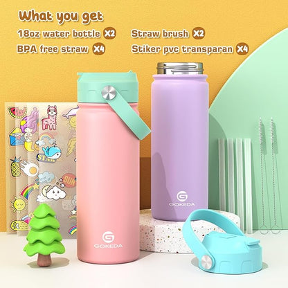 GoKEDA 18oz Kids Water Bottle, 2 Pack Insulated Bottles - Image 2