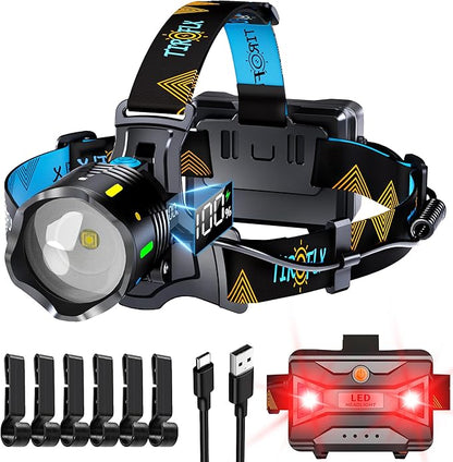 TIROFLX 12 Modes 210000 Lux Headlamp Motion Sensor Red Warning Zoomable Energy by TIROFLXBrand