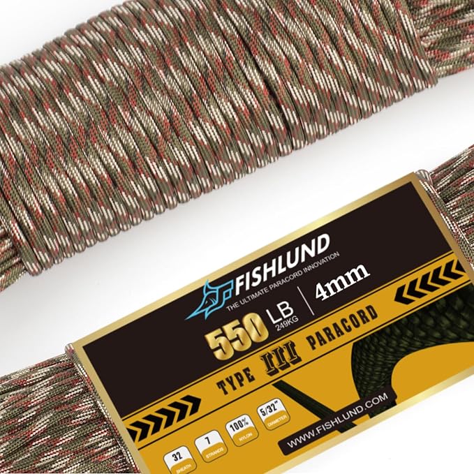 Paracord 550 lb, 7 Strand Paracord Rope 50ft 4mm, Nylon Parachute Cord by FISHLUND