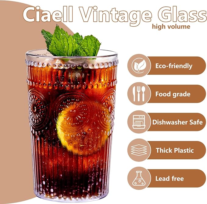 Ciaell 12 Pack Romantic Plastic Water Glasses - 14 Oz Clear Vintage Drinking - Image 3