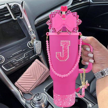 9PCS Hot Pink for Stanley Cup Accessories Set Bling Initials Bow Charms for - Image 6