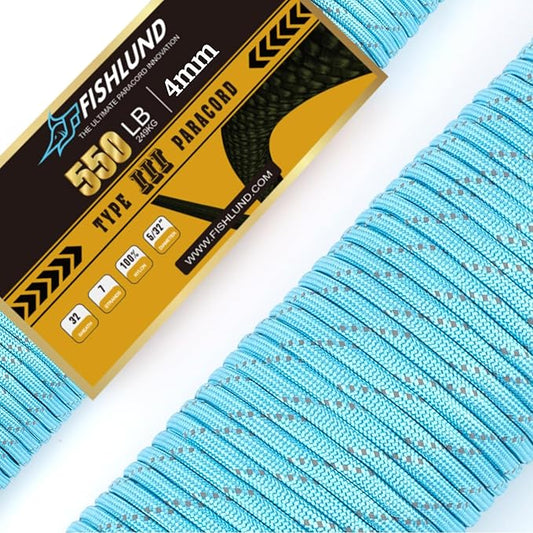 Reflective Paracord 550 lb, 7 Strand Paracord Rope 50ft 4mm, Nylon Parachute by FISHLUND