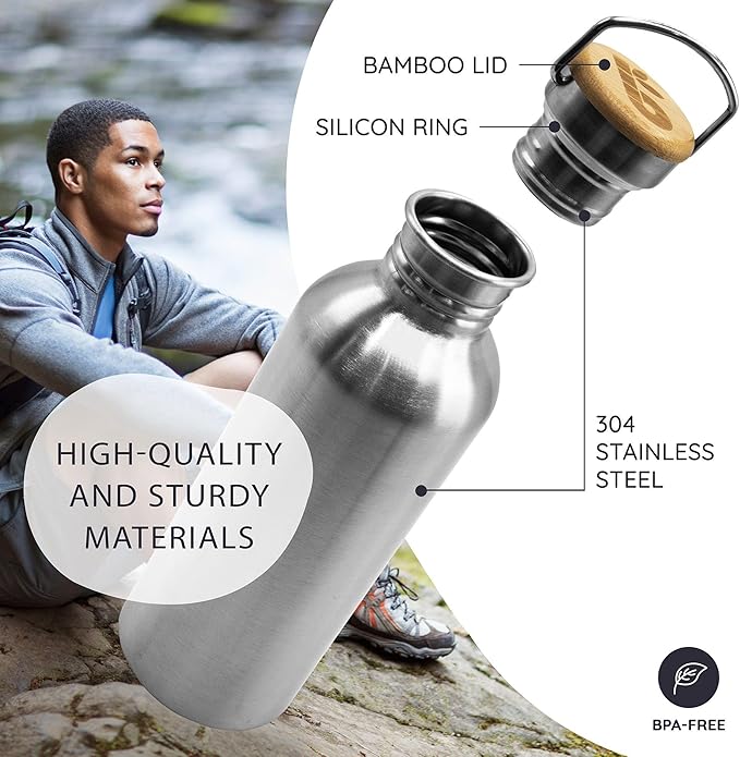 Bambaw Stainless Steel Water Bottles 32 oz, Non-insulated Single Wall Metal - Image 2