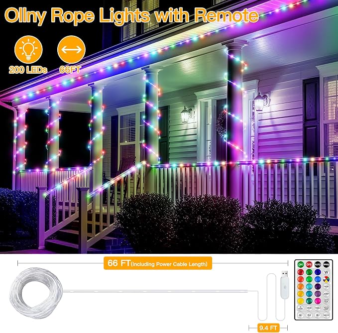 Ollny Rope Lights Outdoor Color Changing, 66FT 200 LED Waterproof Plug in - Image 3