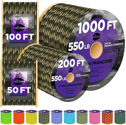 TECEUM Reflective Paracord Rope 1000 – 1000ft/200ft/100ft/50ft – 40+ Colors – by TECEUM
