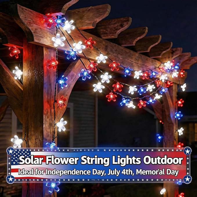 ITICdecor 50 LED Solar Flower String Lights Outdoor Waterproof 4th of July - Image 2