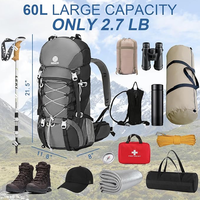 60L Hiking Backpack, Water Resistant Camping Backpack - Image 2