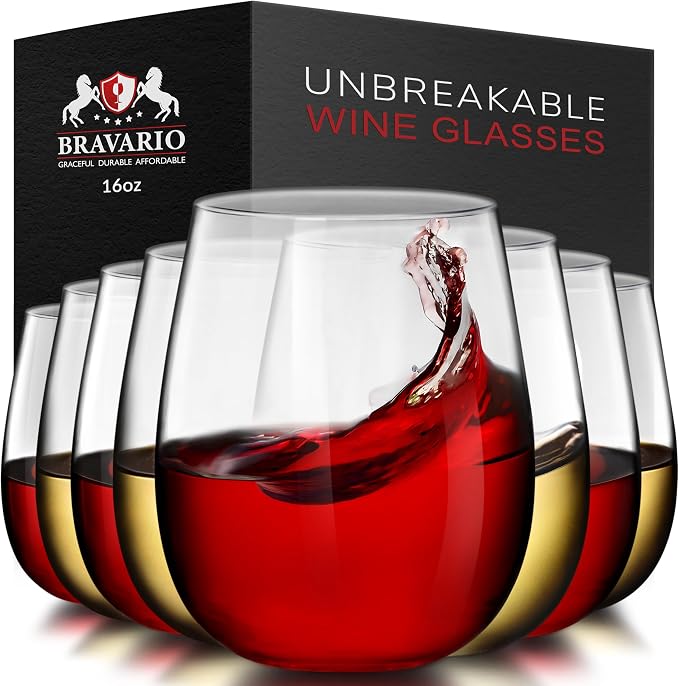 Bravario Unbreakable Stemless Plastic Wine Glasses | Reusable | Shatterproof by Bravario
