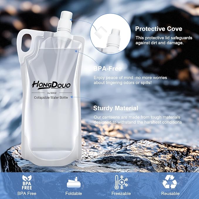 2 Pack Collapsible Water Bottles, 1L Hiking Water Flasks - 33oz BPA-Free - Image 2