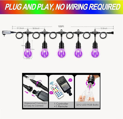 105FT Solar Outdoor String Lights, 32 Shatterproof E26 Edison LED Bulbs - Image 2