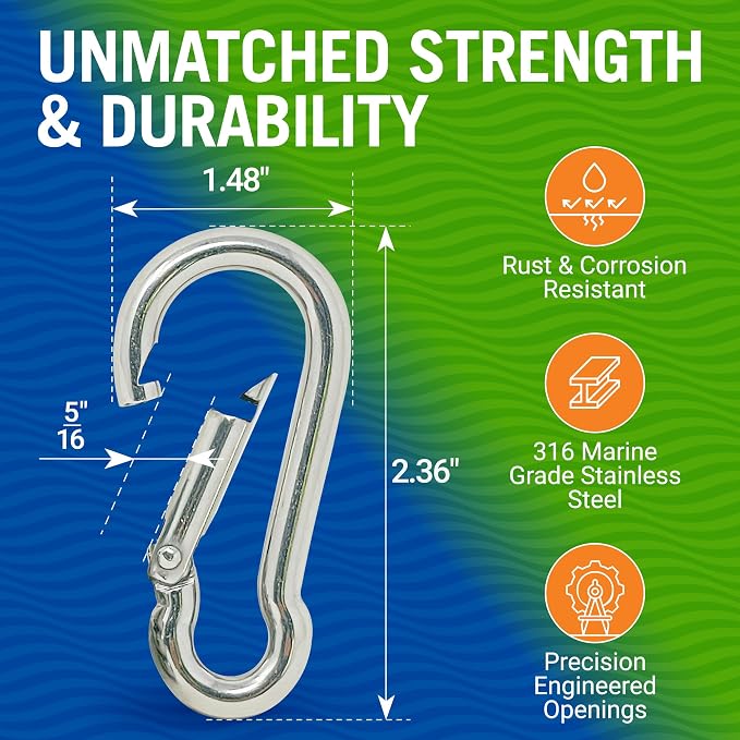Stainless Steel Carabiner Clip, 4 Pack, 316 Marine Grade, Heavy Duty Spring - Image 3