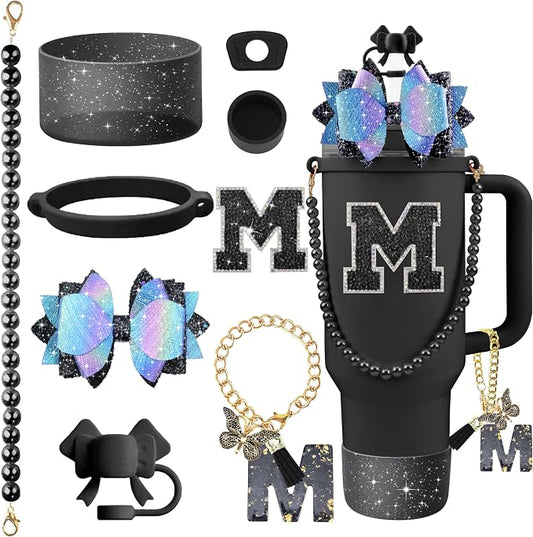 9PCS Black for Stanley Cup Accessories Set Bling Initials Bow Charms for by Unknown